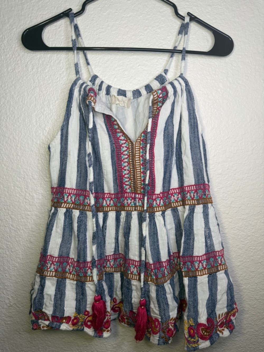 Altar'd State Blue & White Striped Embroidered Tank Top with Pink Tassels